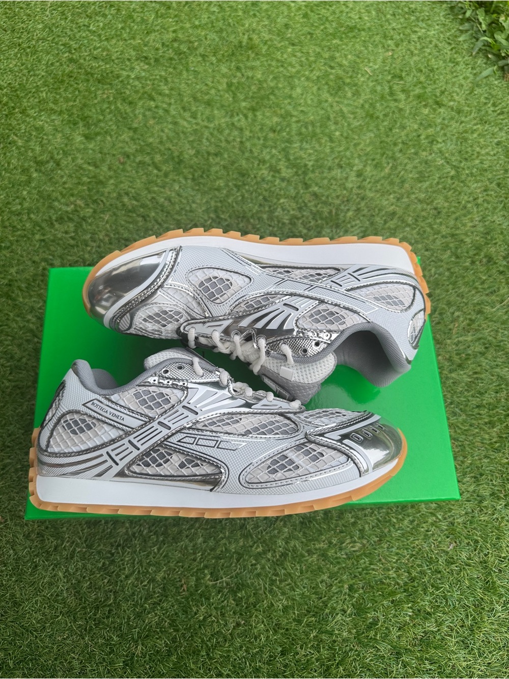 Bottega Veneta Silver Mesh Athletic Sneakers with Gum Sole